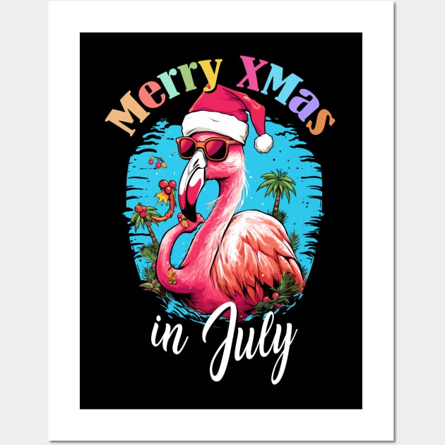 Flamingo's Festive Fun | 'Christmas in July' T-Shirt Wall Art by Indigo Lake